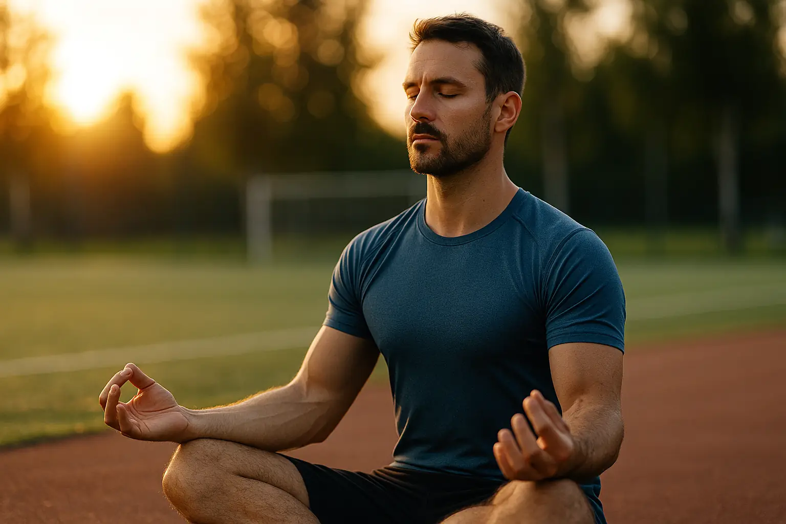 Un sportif en tenue de sport médite en tailleur sur une piste d’athlétisme au coucher du soleil, illustrant la concentration et le bien-être mental dans le sport.