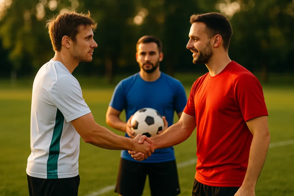 Trois joueurs de football se serrant la main sur un terrain au coucher du soleil, illustrant les valeurs de respect et de fair-play dans le sport.