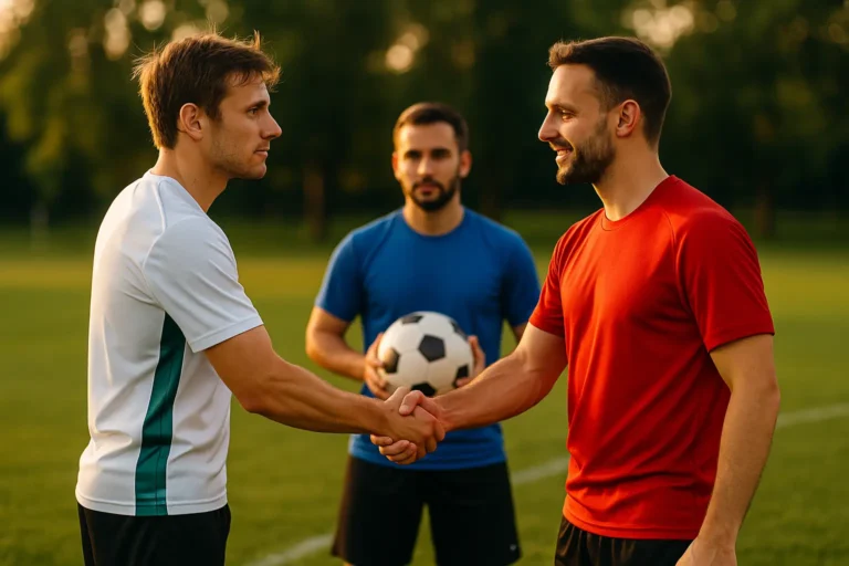 Trois joueurs de football se serrant la main sur un terrain au coucher du soleil, illustrant les valeurs de respect et de fair-play dans le sport.