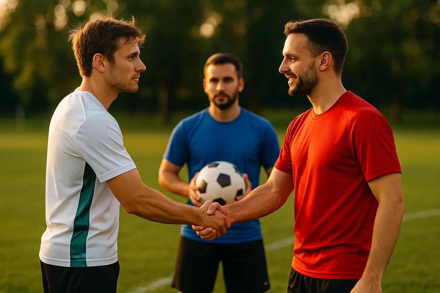 Trois joueurs de football se serrant la main sur un terrain au coucher du soleil, illustrant les valeurs de respect et de fair-play dans le sport.